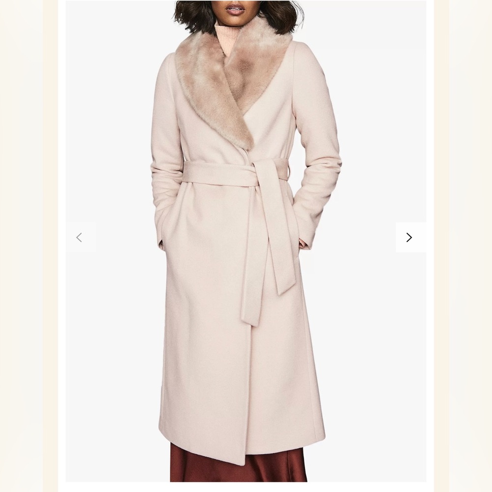 Reiss Dawson Removable Fur Collar Coat, Truffle, size 2